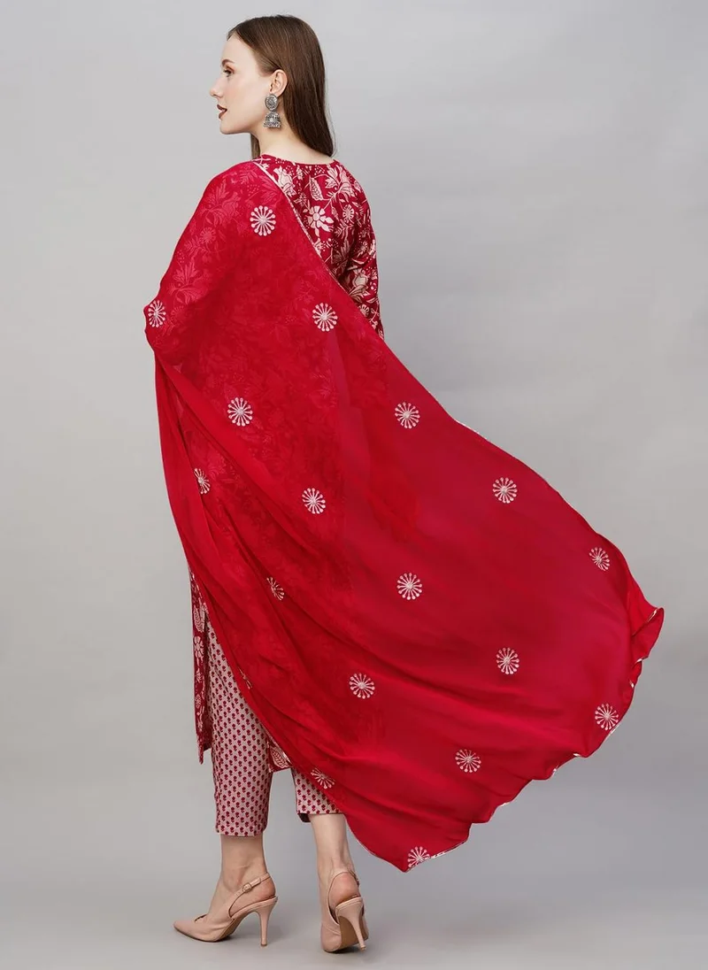 جو سريكي مزيج القطن النسائي من GoSriKi كورتا مطبوعة مستقيمة مع بنطال ودوباتا (MEI Red-GS_L_Red_Large)